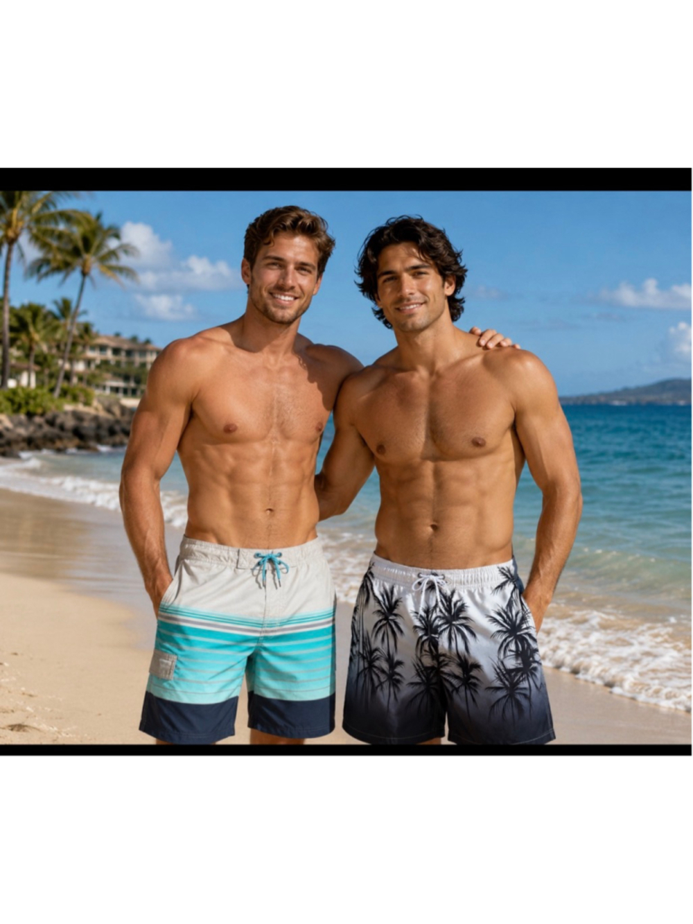 Men's Unbranded Swim Trunks M Blue Black Striped Palm Tree